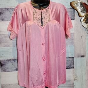 Vintage Henson Kickernick Sz M Pink Nylon Lace Pajama Top Button Up
